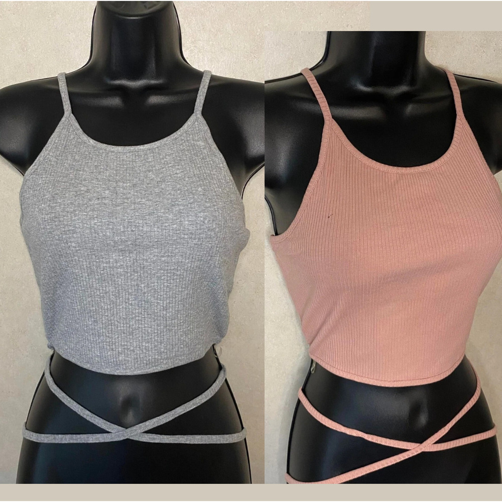 2x Active USA Knit Crop Tank Top Crop Top Criss Cross Back Strappy Pink Gray L
